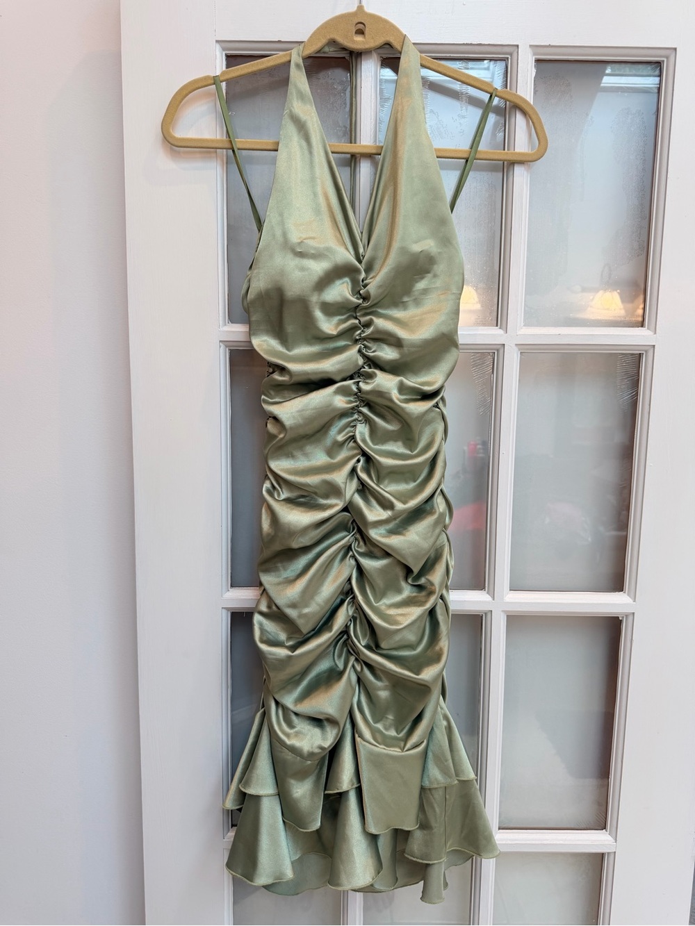 Vintage Cache Y2K Formal Prom Satin Sage Green Ruched Halter Mini Dress Size 2